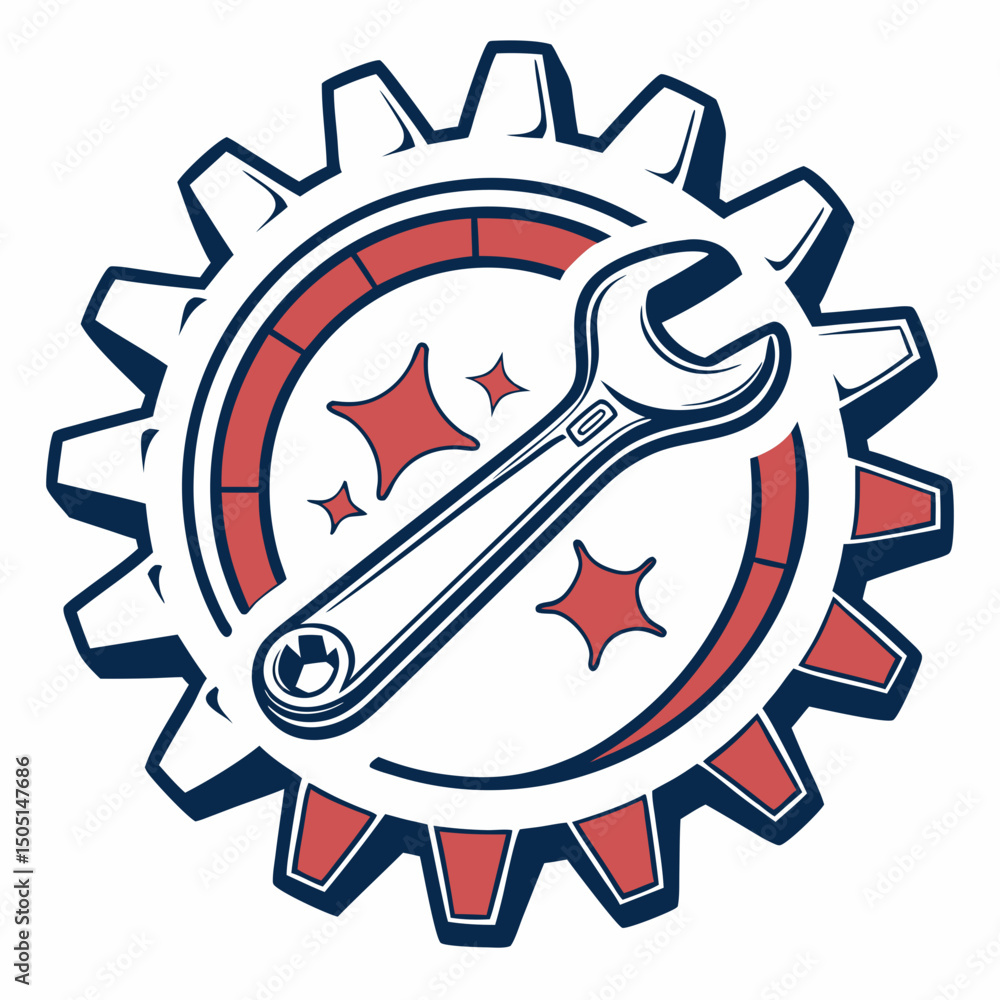 Naklejka premium Vector illustration of gear and wrench symbol representing electronics maintenance, isolated on white background