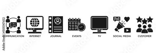 Public relations icon set vector illustration concept relate to communication, internet, journal, events, radio, tv, social media, and customer