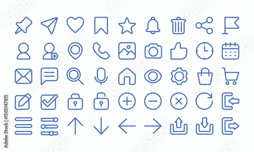 essential UI icons for web and mobile apps. Includes profile, message, upload, calendar, search, setting, home, cart, logout and more. Clean vector set for UI UX and dashboard design. 