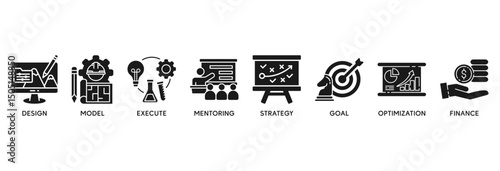 BPM web icon vector illustration concept of business process management with icon of design, model, execute, mentoring, strategy, goal, optimization, finance