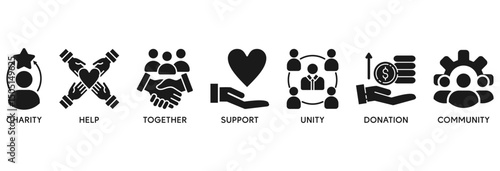 Volunteering icon set vector illustration concept relate to volunteer aid assistant with icon of charity, help, together, support, unity, donation, and community