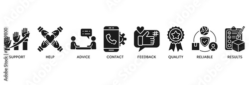 Customer service icon set vector illustration concept relate to support, help, advice, contact, feedback, quality, reliable, results