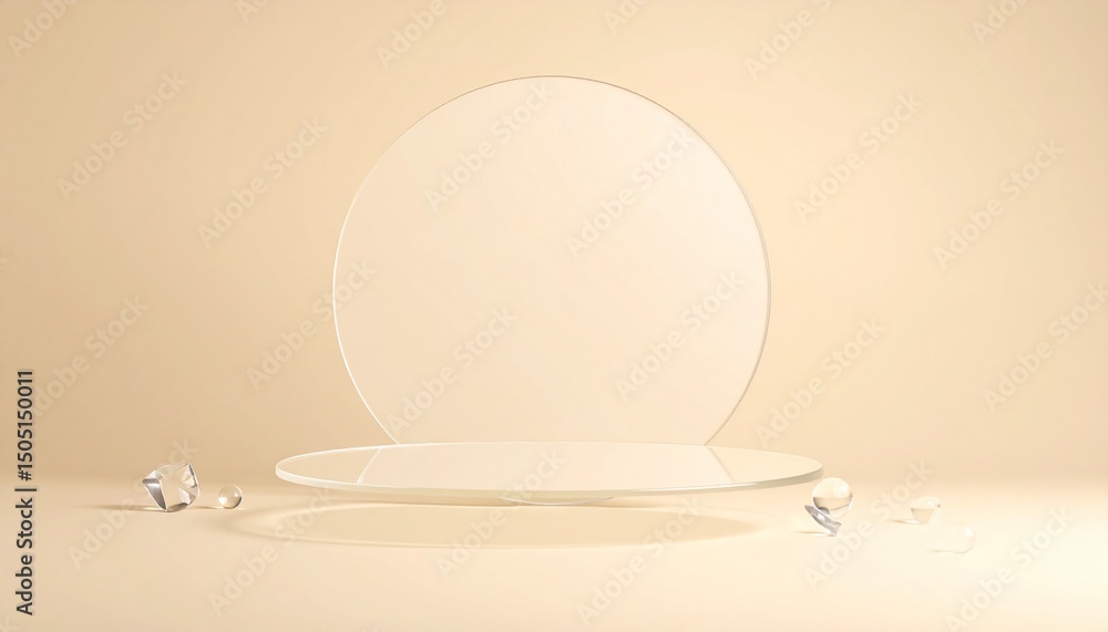Floating Transparent Glass Podium on Soft Beige Background with Crystal Elements – Minimalist Product Display Scene Floating Transparent Glass Podium on Soft Beige Background with Crystal Elements – Minimalist Product Display Scene