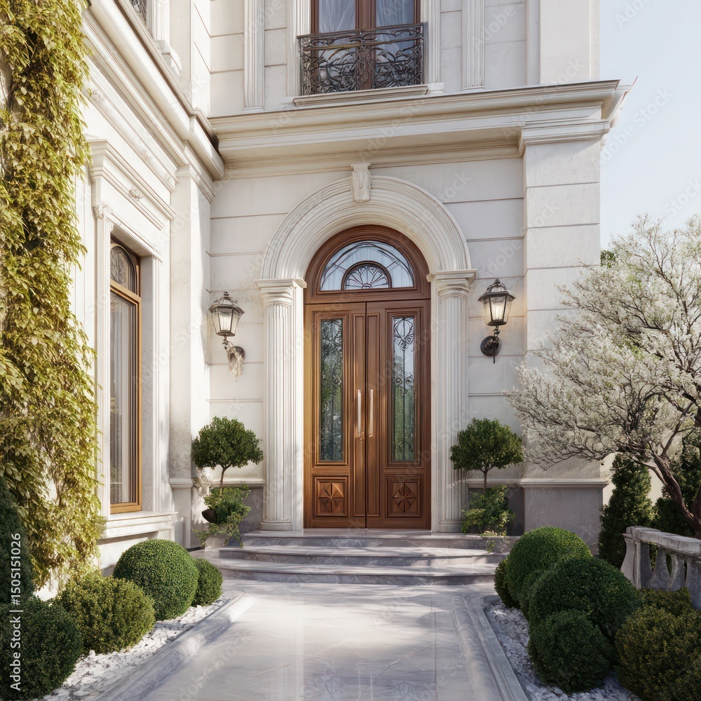 Elegant entrance door to a luxurious country house, with a garden that complements the exterior. Elegant entrance door to a luxurious country house, with a garden that complements the exterior.