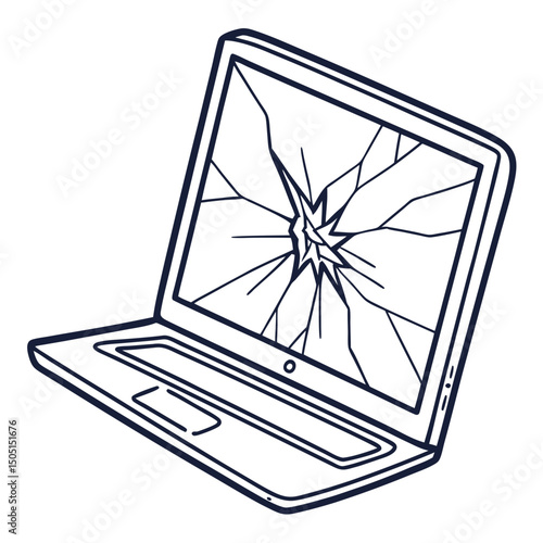 Vector illustration of broken laptop screen with visible cracks, isolated on transparent white background