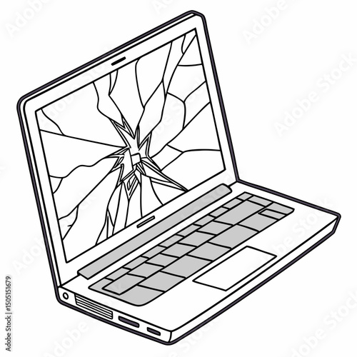 Vector illustration of broken laptop screen with visible cracks, isolated on transparent white background