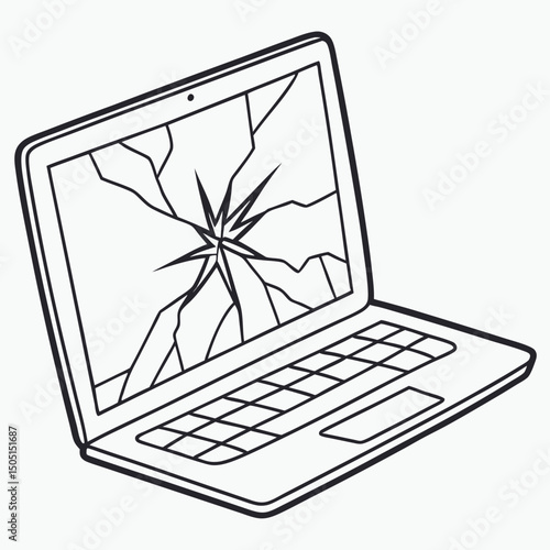 Vector illustration of broken laptop screen with visible cracks, isolated on transparent white background