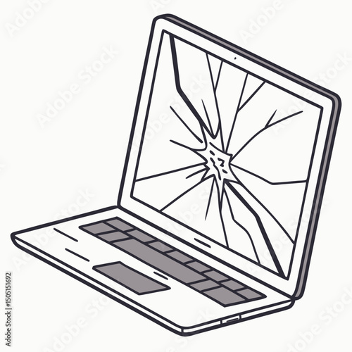 Vector illustration of broken laptop screen with visible cracks, isolated on transparent white background