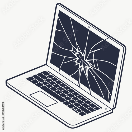 Vector illustration of broken laptop screen with visible cracks, isolated on transparent white background