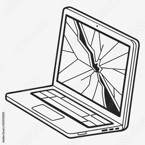 Vector illustration of broken laptop screen with visible cracks, isolated on transparent white background