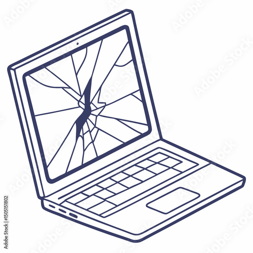 Vector illustration of broken laptop screen with visible cracks, isolated on transparent white background