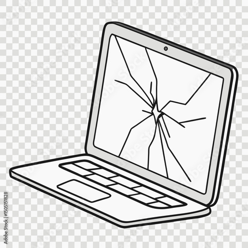 Vector illustration of broken laptop screen with visible cracks, isolated on transparent white background