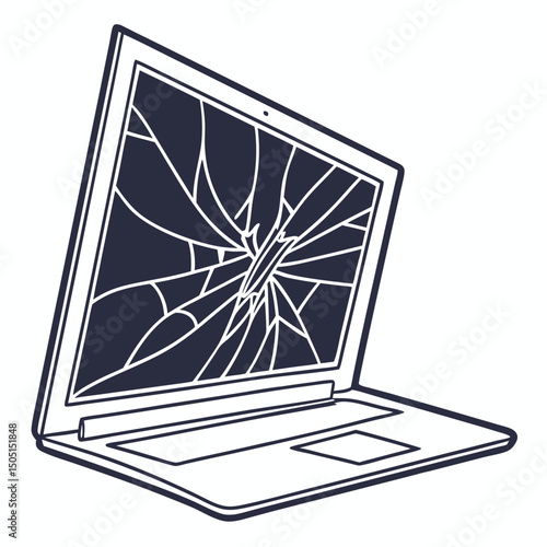 Vector illustration of broken laptop screen with visible cracks, isolated on transparent white background