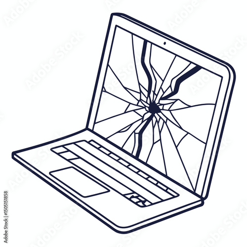 Vector illustration of broken laptop screen with visible cracks, isolated on transparent white background
