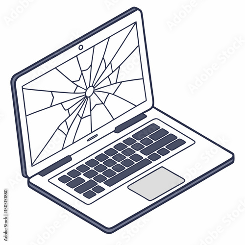 Vector illustration of broken laptop screen with visible cracks, isolated on transparent white background