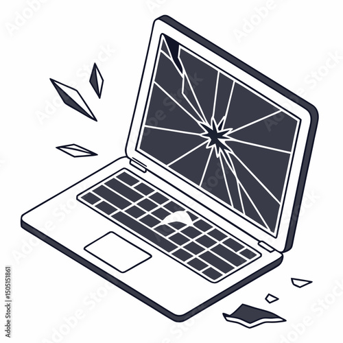 Vector illustration of broken laptop screen with visible cracks, isolated on transparent white background
