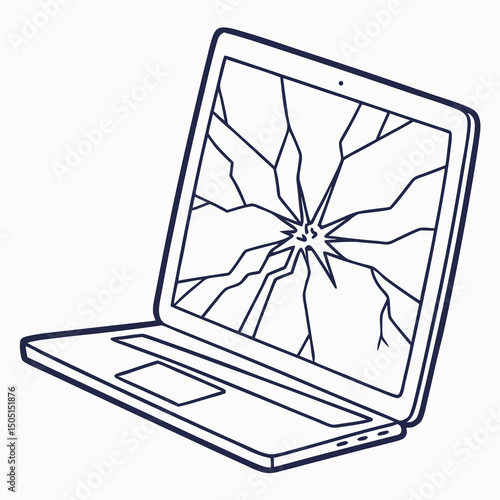 Vector illustration of broken laptop screen with visible cracks, isolated on transparent white background