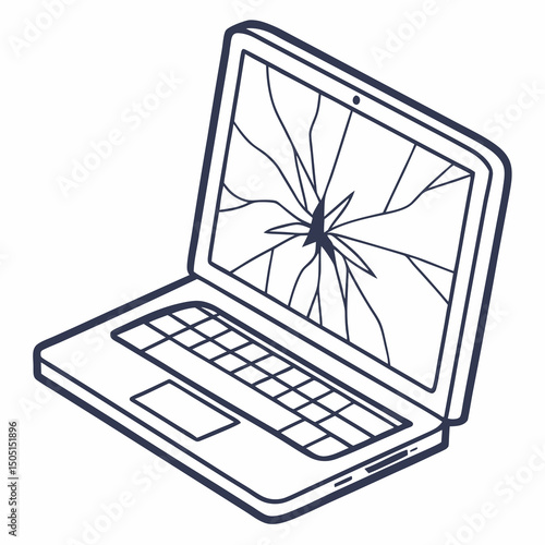 Vector illustration of broken laptop screen with visible cracks, isolated on transparent white background
