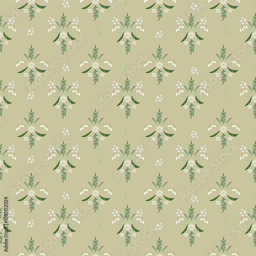 Seamless pattern with hand drawn meadow flowers. Floral Block Prints inspired by printmaking that uses wooden blocks to transfer repeating designs onto textiles.