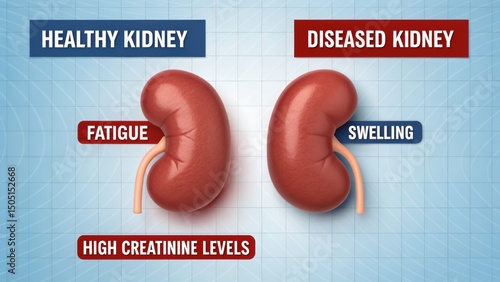 Early Signs of Kidney Failure Symptoms and the Importance of Awareness Concept, Comparison of healthy and diseased kidneys with symptoms highlighted.