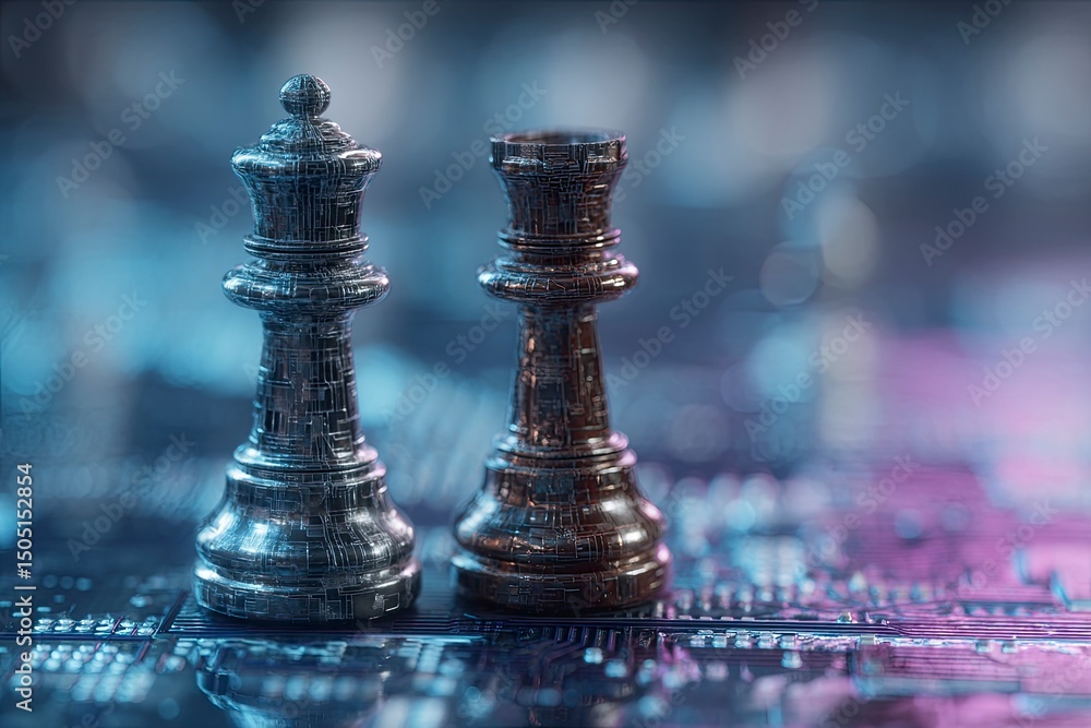 Fototapeta premium A double exposure of a digital circuit board and chess pawns with blue, purple, and white lighting in the background, 