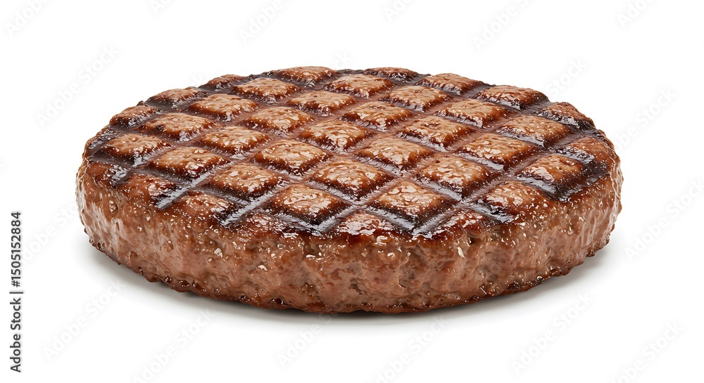 A perfectly grilled beef hamburger patty, showcasing distinct diamond-shaped char marks from the barbecue grill. A perfectly grilled beef hamburger patty, showcasing distinct diamond-shaped char marks from the barbecue grill.