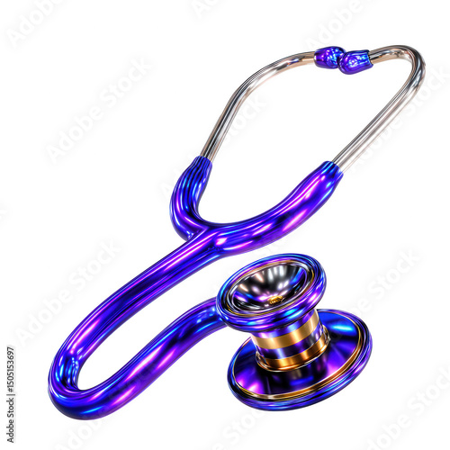 3D Shiny stethoscope with blue and purple metallic finish isolated on transparent background