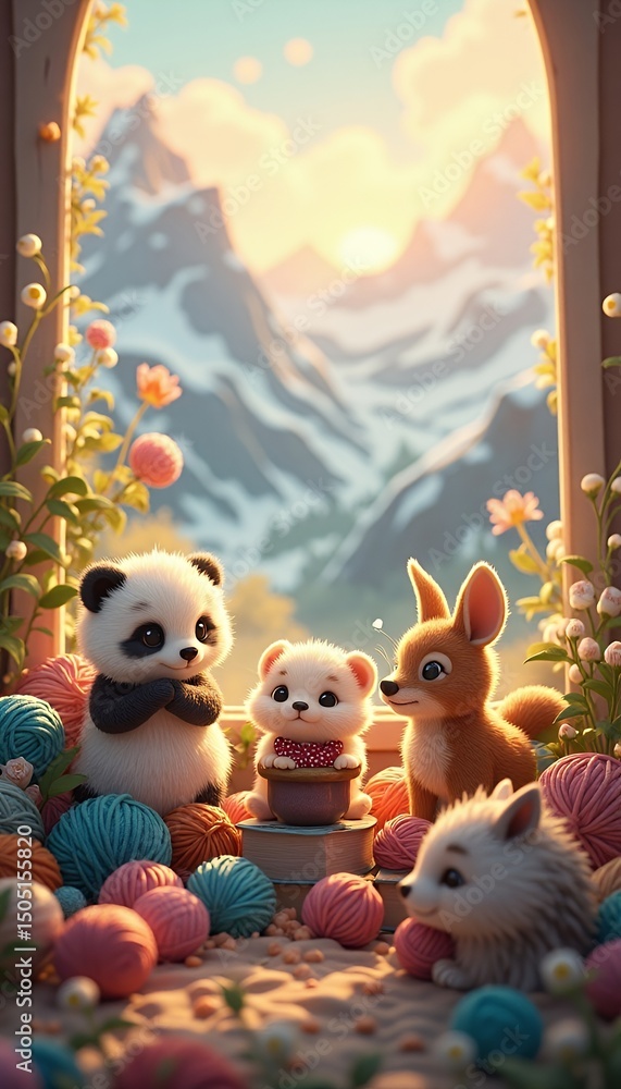 Fototapeta premium Adorable Cartoon Animals with Yarn Balls in a Window Seat
