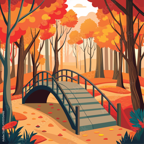 Autumnal park bridge scene with fall foliage.