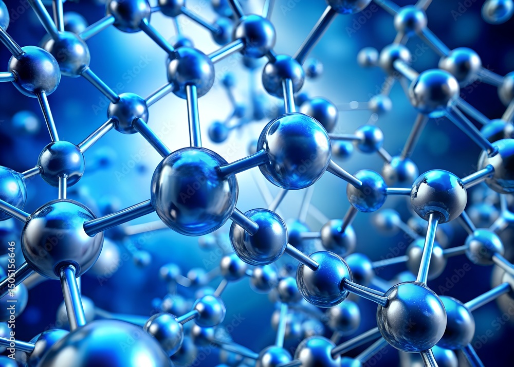 Obraz premium Illustration of molecular structure in blue tones. Scientific 3D render depicts atoms, bonds in detailed close-up. Concept of science, tech, medicine, chemistry, biology, physics, research, education