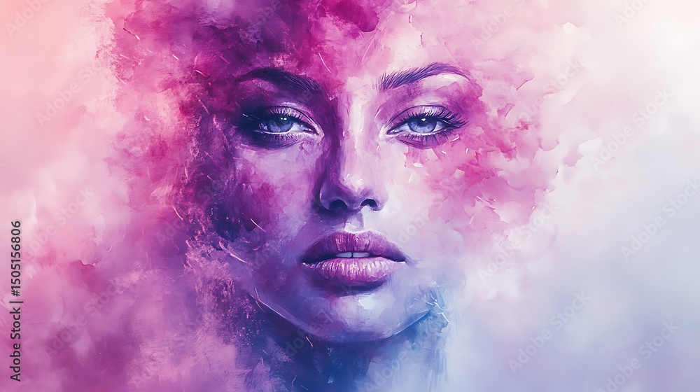 Fototapeta premium Abstract canvas portrait of a woman’s face partially dissolving into vibrant watercolor splashes and layered brushstroke textures, soft gradient background in pale rose and violet.