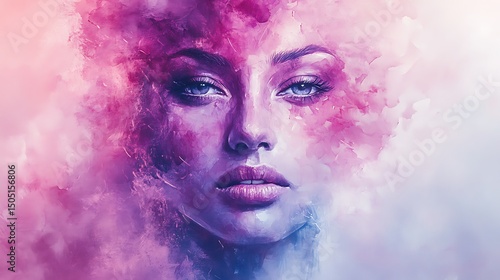 Abstract canvas portrait of a woman’s face partially dissolving into vibrant watercolor splashes and layered brushstroke textures, soft gradient background in pale rose and violet.