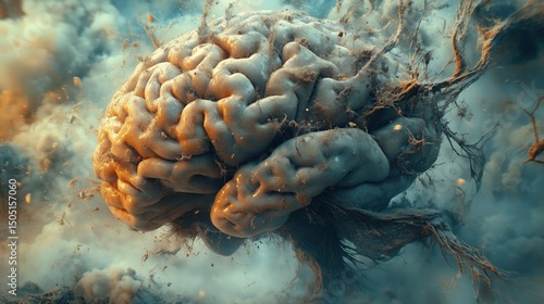 Brain atrophy exploding in a cloud of dust and roots