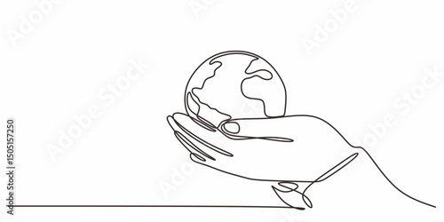 Earth on hand continuous line. Global care vector. Save world art. Environment concept.