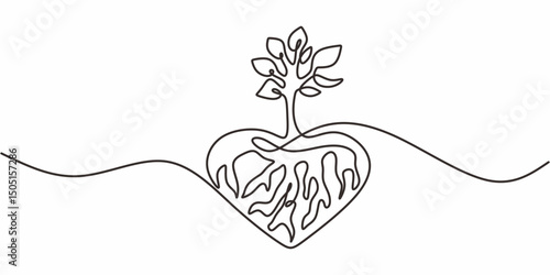 Rooted plant continuous line. Nature growth vector. Gardening symbol. Eco art.