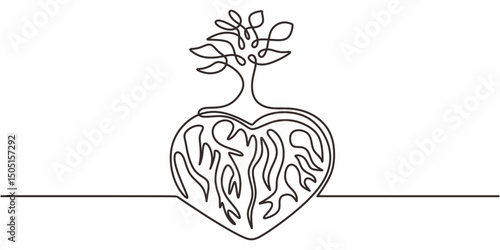 Plant roots in soil one line. Organic gardening vector. Nature concept. Seedling art.