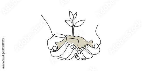 Plant on two palms one line. Environmental care vector. Sustainability art. Nature protect.