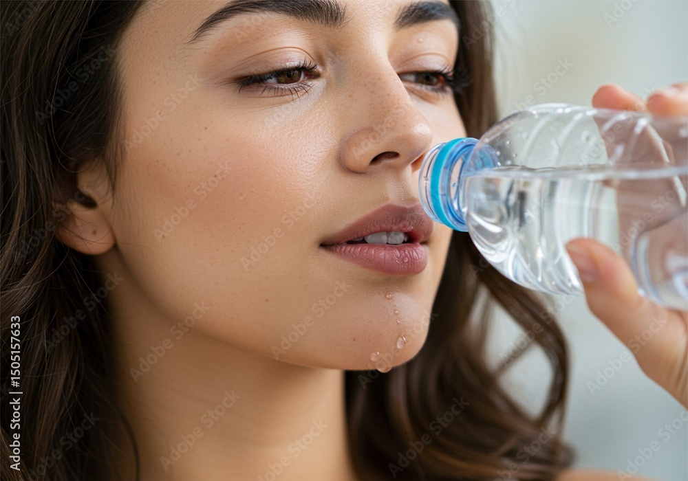 close up of beautiful woman drinking bottled water close up of beautiful woman drinking bottled water