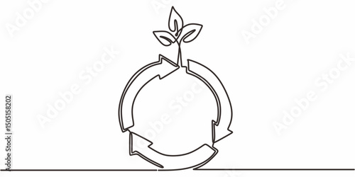 Plant on recycle symbol continuous line. Environmental protection vector. Green waste.