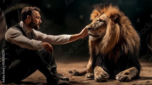 handsome man handler sitting with lion in the circus