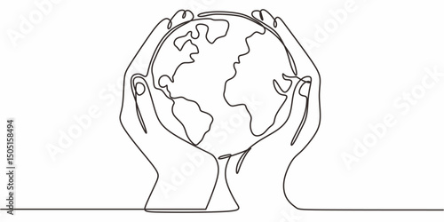 Earth on hand continuous line. Global responsibility vector. World care. Planet.