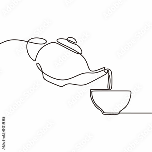 Pouring liquid to mug one line. Drinks vector. Serving illustration. Tea time.
