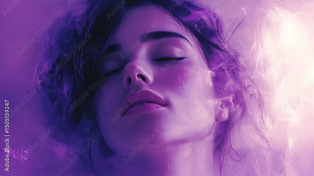 Fototapeta premium Meditative portrait of a woman in stillness, eyes closed, with soft brush strokes radiating from her face and ambient pastel light layers dancing around.