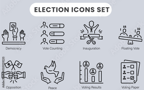 Election Icons Set, Voting and Ballot Icons, Political Election Symbols, Vote Box and Hand Icon, Government and Democracy Icons, Election Campaign Vector, Voting Booth Symbol, Civic Rights Icons,