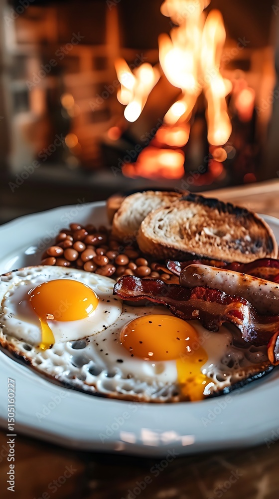 Full english breakfast with eggs, bacon, sausage, beans, and toast by fireplace Full english breakfast with eggs, bacon, sausage, beans, and toast by fireplace