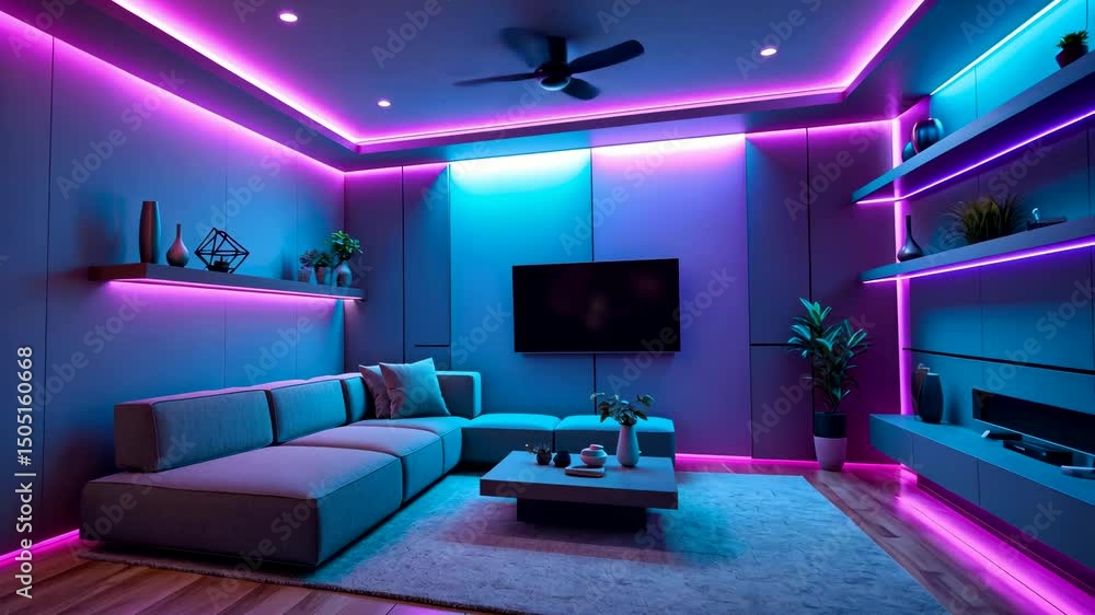 Futuristic Living Room Interior with Neon LED Lighting Futuristic Living Room Interior with Neon LED Lighting