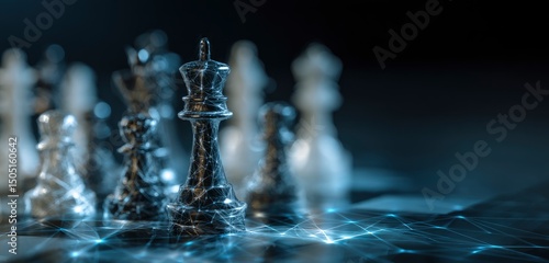Chess game background with a dark blue color. The white king piece is in the center of the picture, and black pawns surround it on a city skyline 