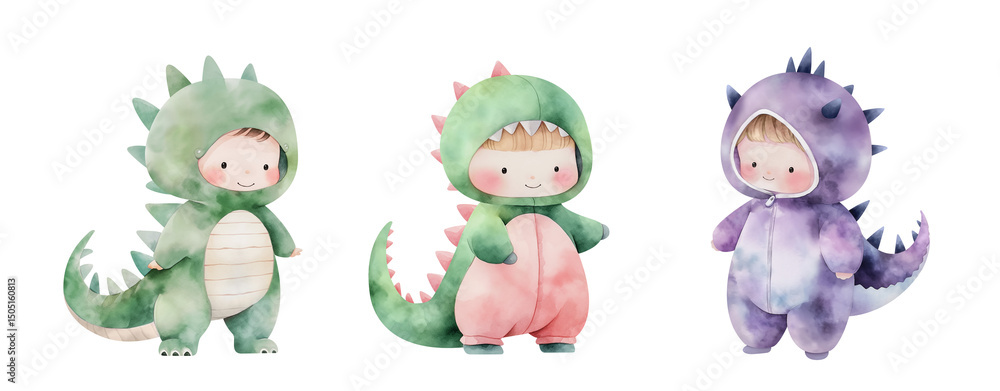 Fototapeta premium Set of happy little children in dinosaur costume, cute watercolor illustration. Character collection. Isolated clipart with clear even edge on transparent background