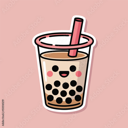 Adorable cartoon illustration of a smiling boba tea drink with pink accents and straw
