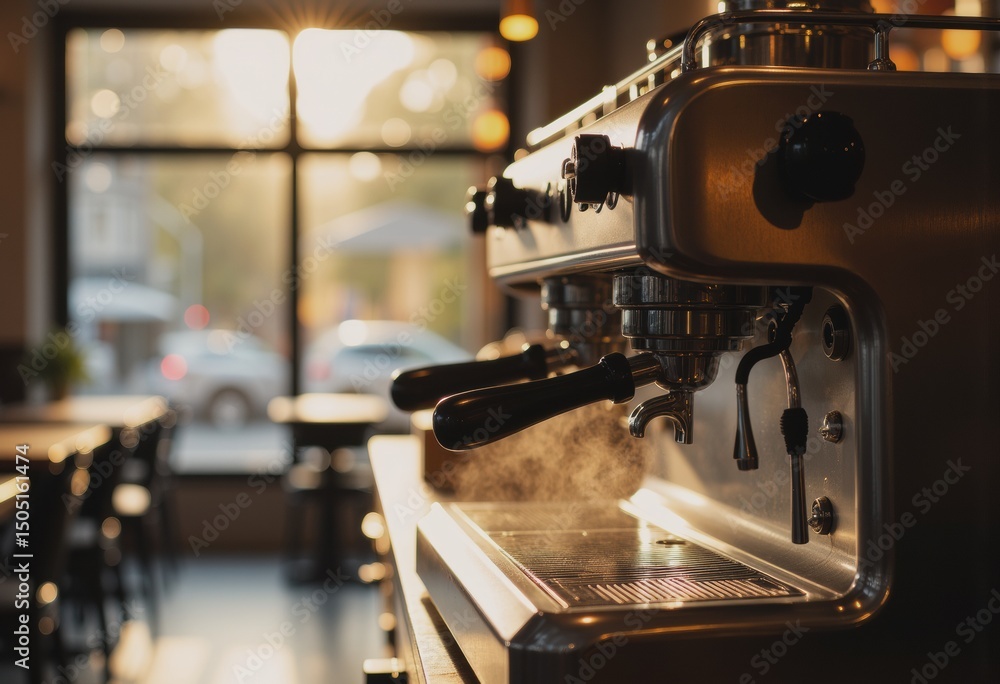 Fototapeta premium Espresso machine steaming quietly in an empty café during the morning